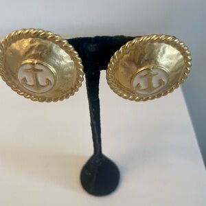 Door Knockers Earrings Gold Tone Clips with Anchor Center Vintage